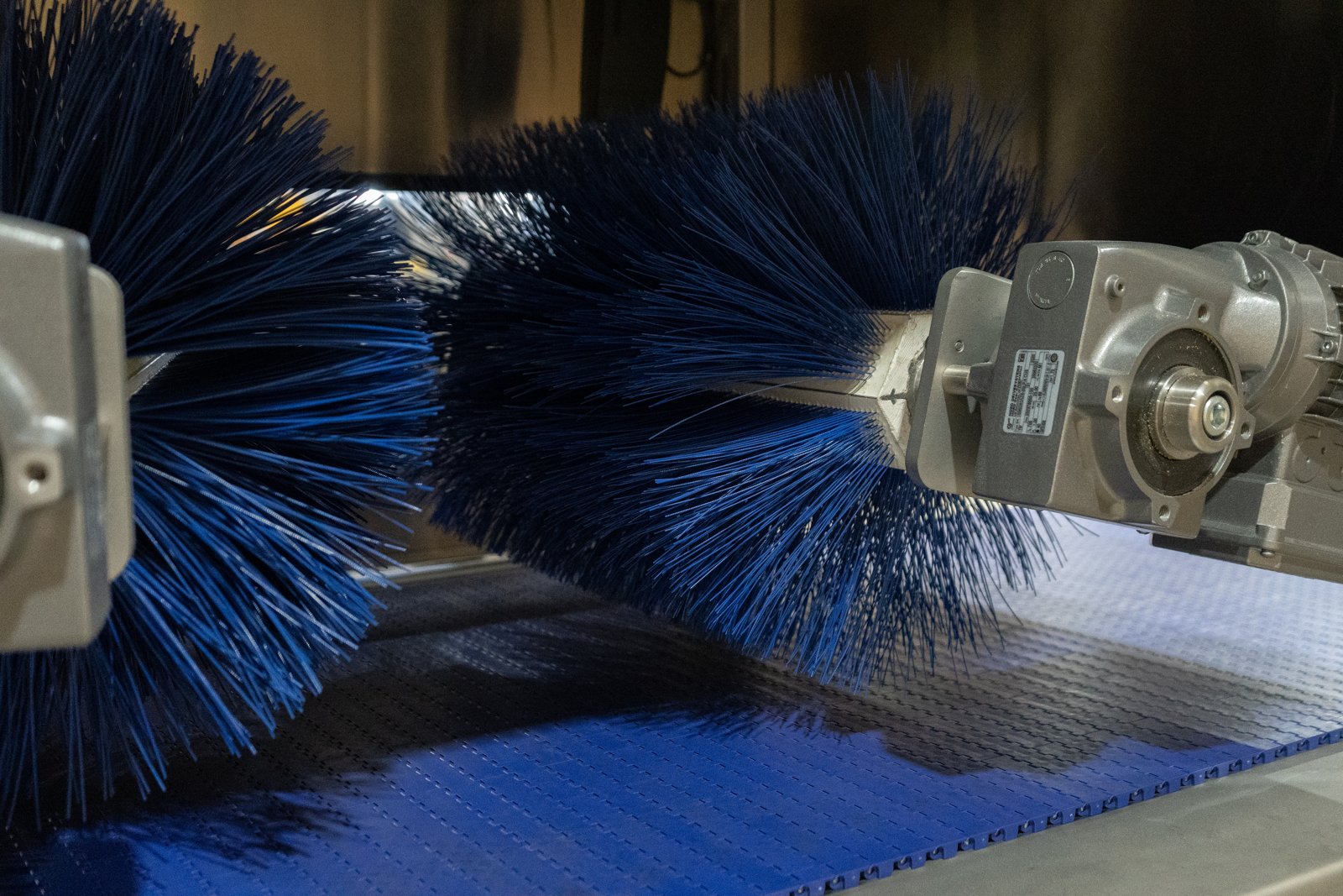 Detail of paired blue brushes in a pan cleaning system